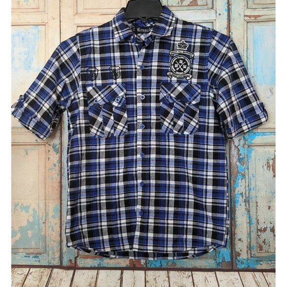 Krusader Premium Mens Large Blue White Plaid The Brave Woven Button Up Shirt - Picture 1 of 10